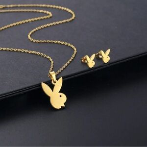 18K Gold Playboy Bunny Themed Necklace & Earrings Set